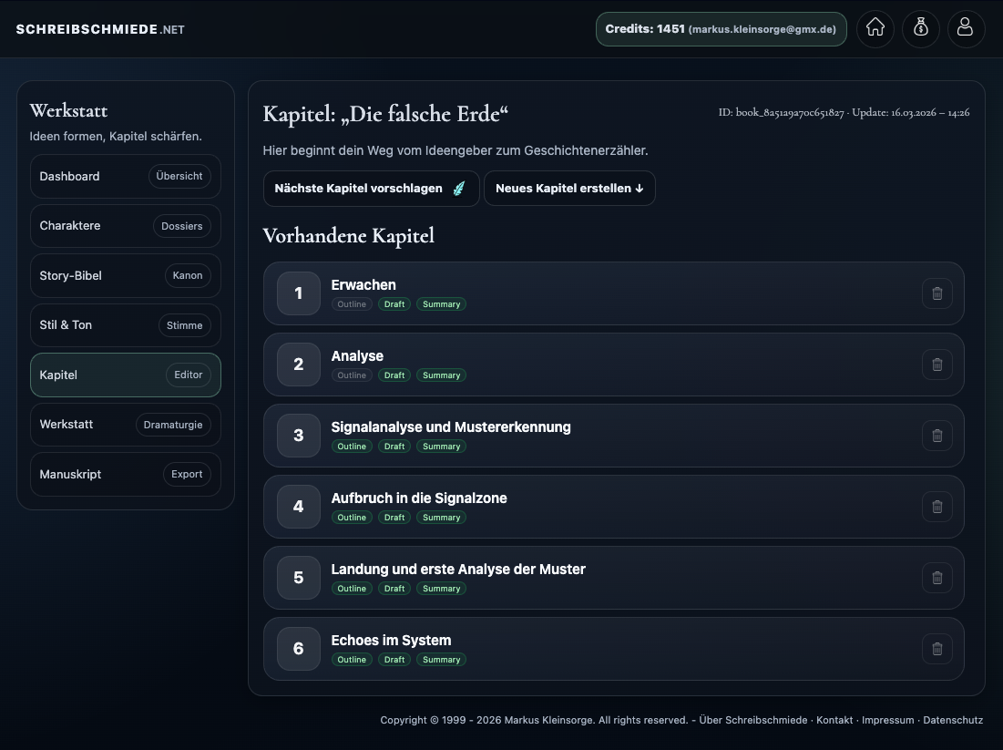 Kapitelübersicht mit vorhandenen Kapiteln und Schaltflächen zum Anlegen oder Vorschlagen neuer Kapitel.