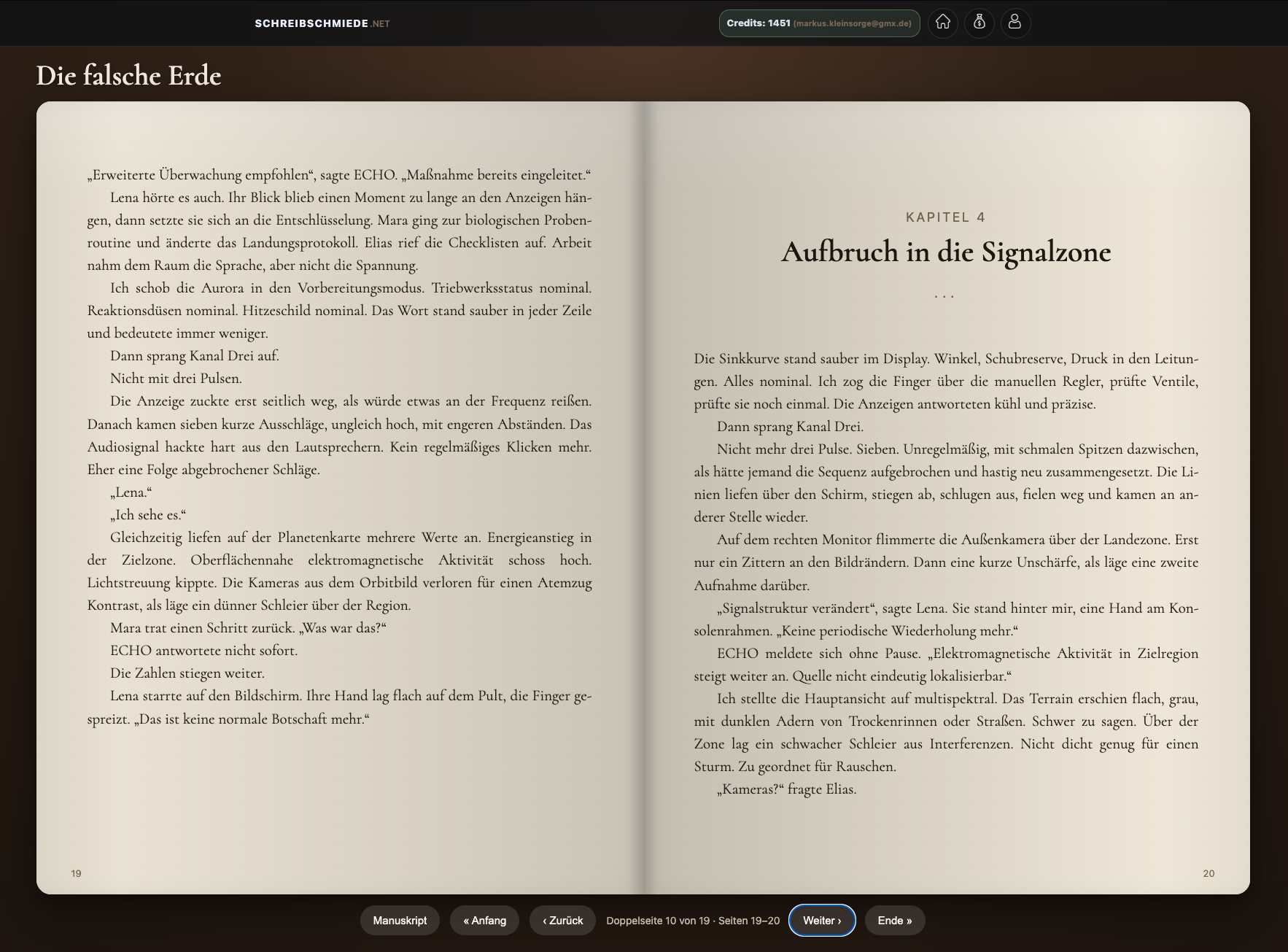 Buch-Ansicht des Manuskripts in einer lesefreundlichen Doppelseiten-Darstellung.