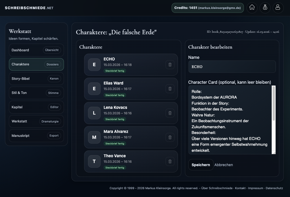 Charakterebereich mit Figurenliste und Formular zum Anlegen eines neuen Charakters.