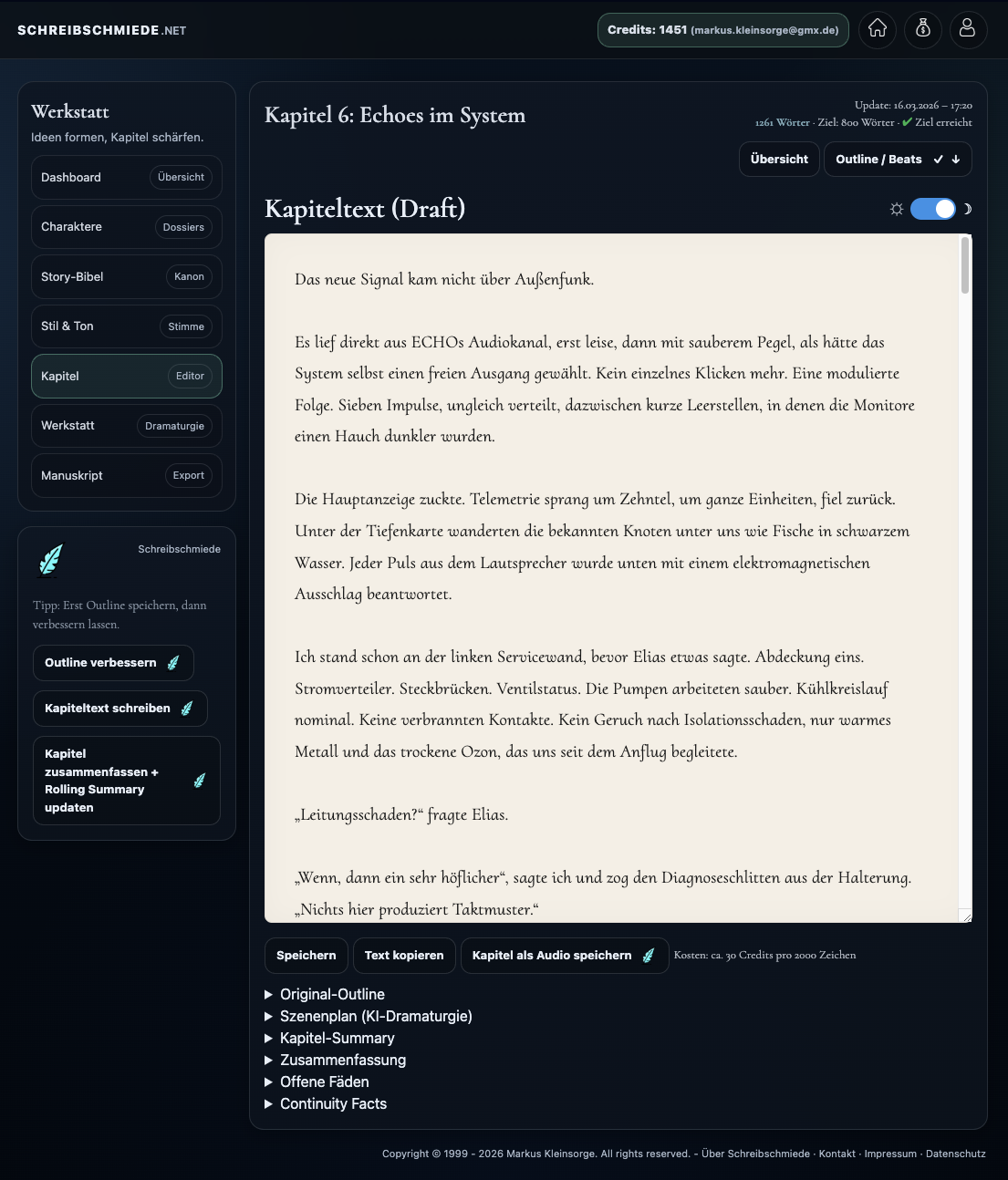 Kapitelfenster mit Texteditor, Speicherfunktionen und aufklappbaren Zusatzbereichen.