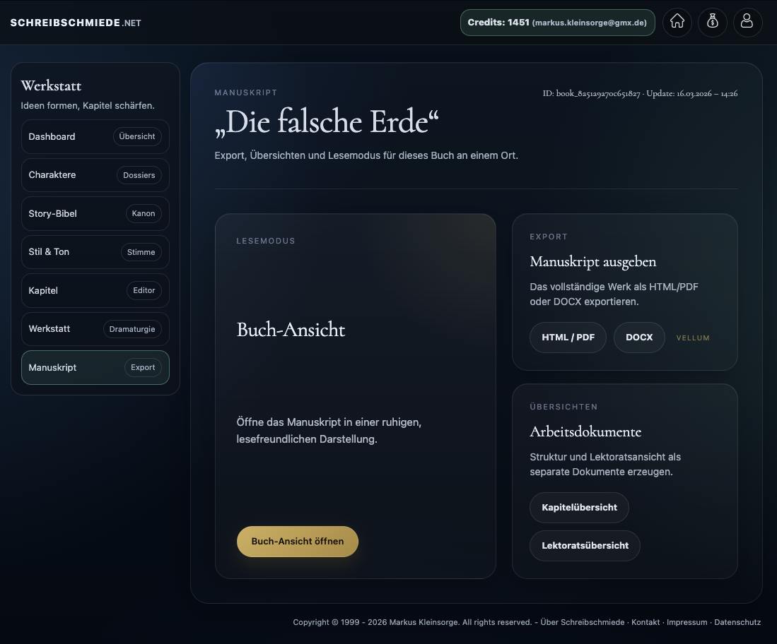 Manuskriptbereich mit Buchansicht, Exportoptionen und Arbeitsdokumenten.