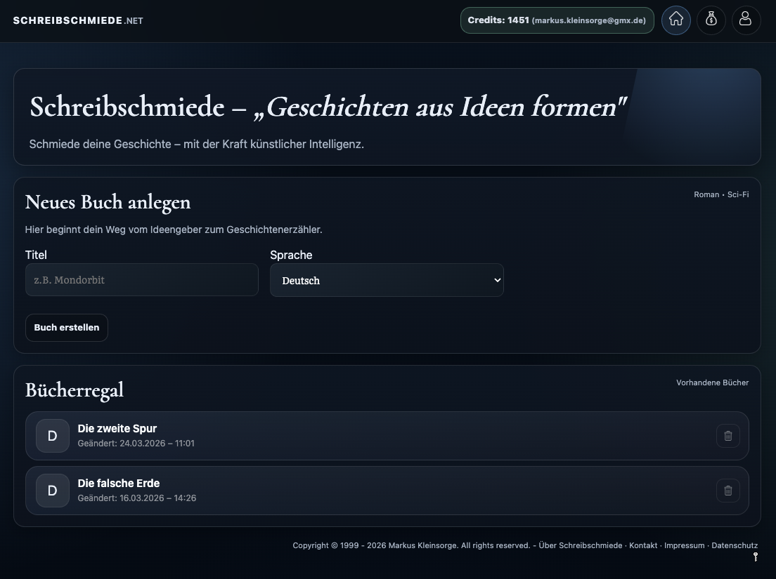 Startseite der Schreibschmiede mit Bereich zum Anlegen eines neuen Buchs und Bücherregal.