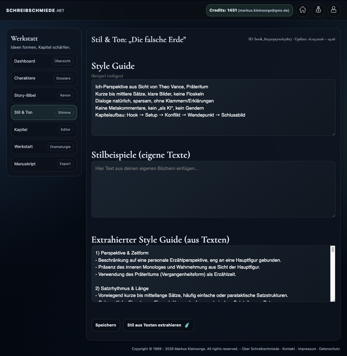 Bereich Stil und Ton mit Style Guide, Stilbeispielen und extrahiertem Stilprofil.