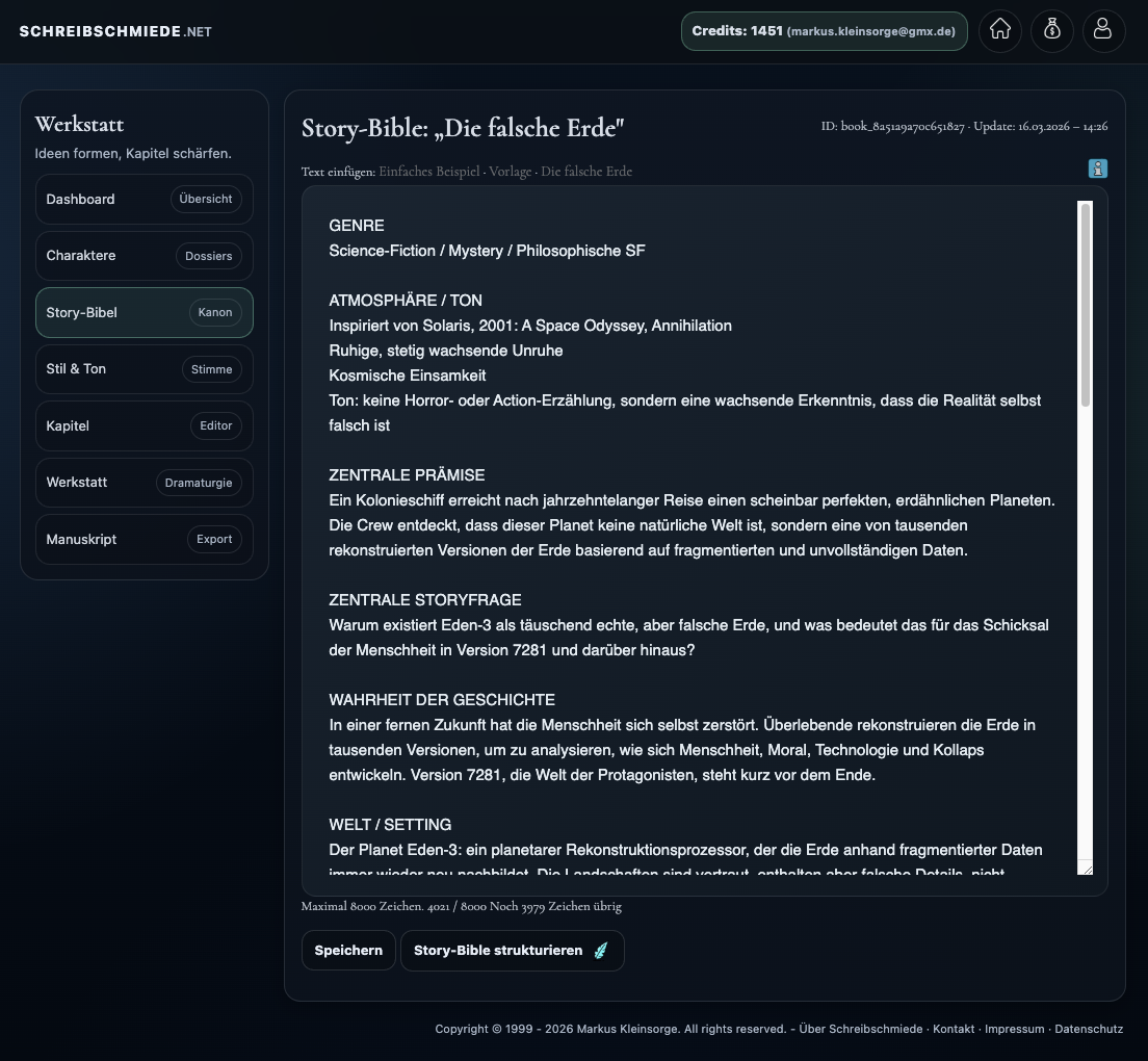 Bereich Story-Bibel mit großem Texteingabefeld für Projekthintergründe und Weltbeschreibung.