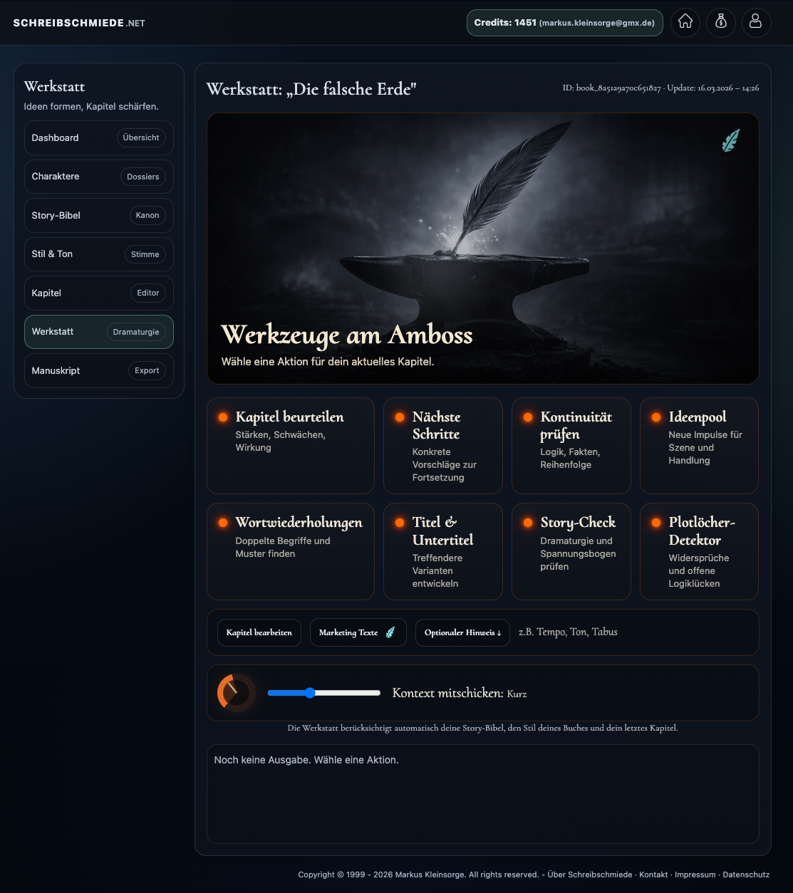 Werkstatt-Bereich mit Analysefunktionen wie Kontinuität prüfen, Plotlöcher erkennen und Ideenpool.
